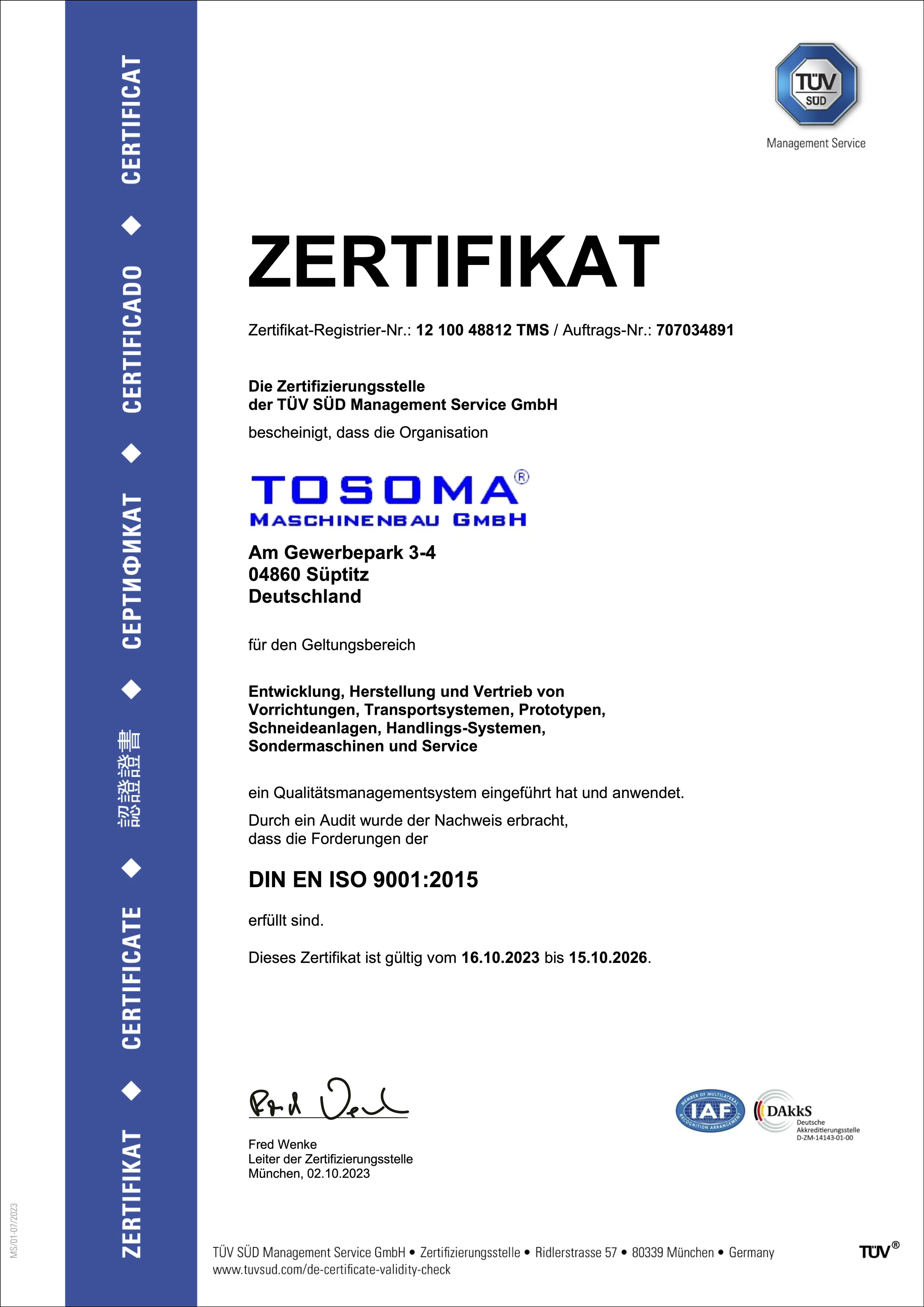 ISO 9001 Zertifikat 2023–2026 – TOSOMA Maschinenbau GmbH, TÜV SÜD